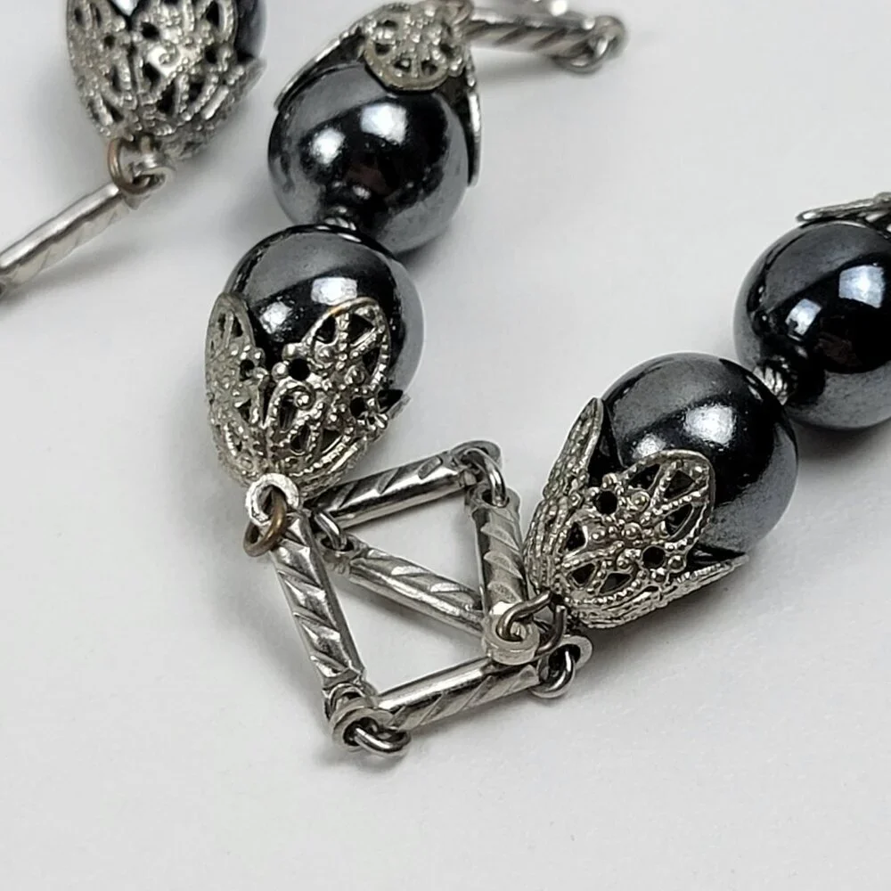 Vtg. Lisa Gray Hematite Long Strand Station Necklace 53 Inch Silver-Tone Opera